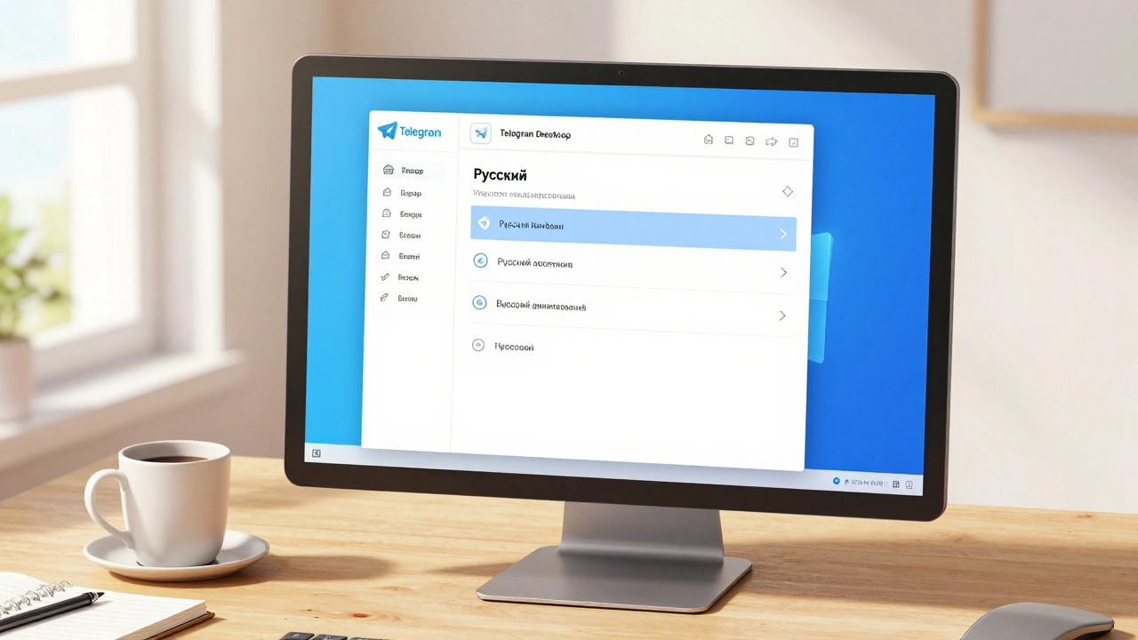 Компьютерный экран с меню языка Telegram, где выбран русский язык.