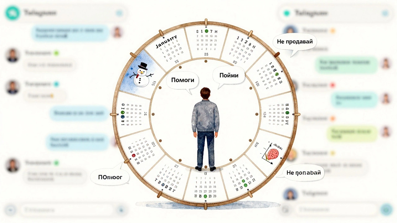 Концептуальная иллюстрация человека в центре календаря, символизирующего своевременный контент и рост аудитории.
