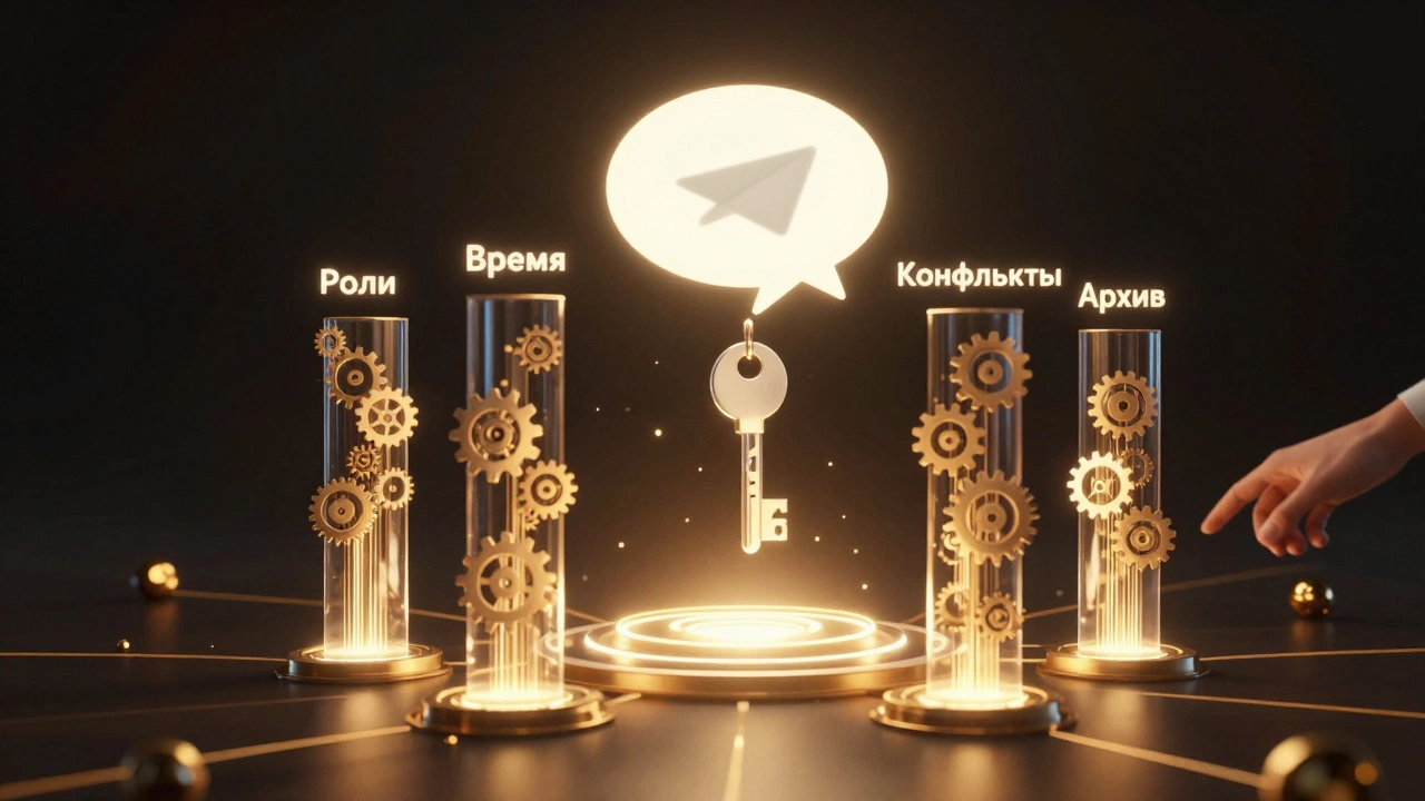 Концептуальная схема SOP для Telegram как пяти столбов, поддерживающих центральный чат, символизирующих порядок и контроль.