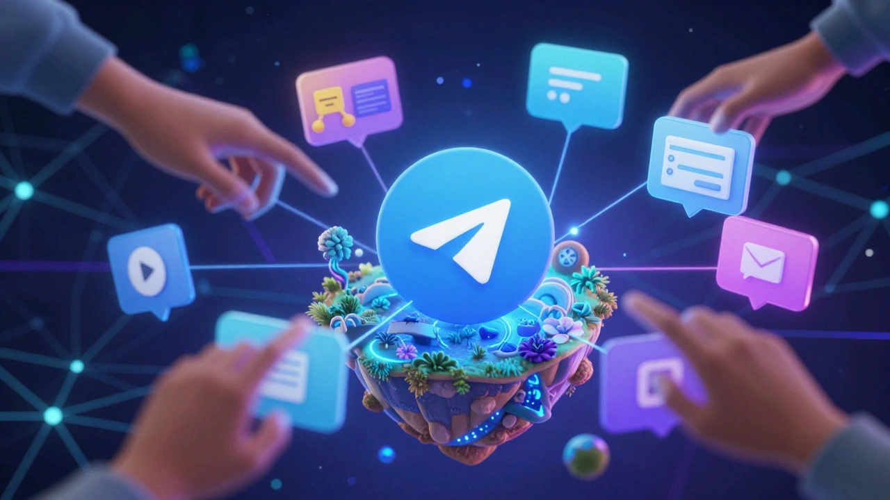 Концептуальное изображение экосистемы Telegram с плавающими мини-приложениями вокруг чата.