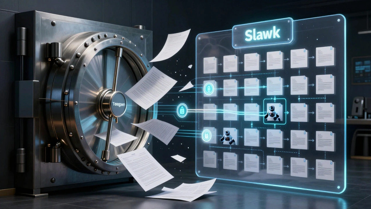 Концептуальное изображение: открытый хаос Telegram против защищённой, структурированной системы Slack с символами безопасности.