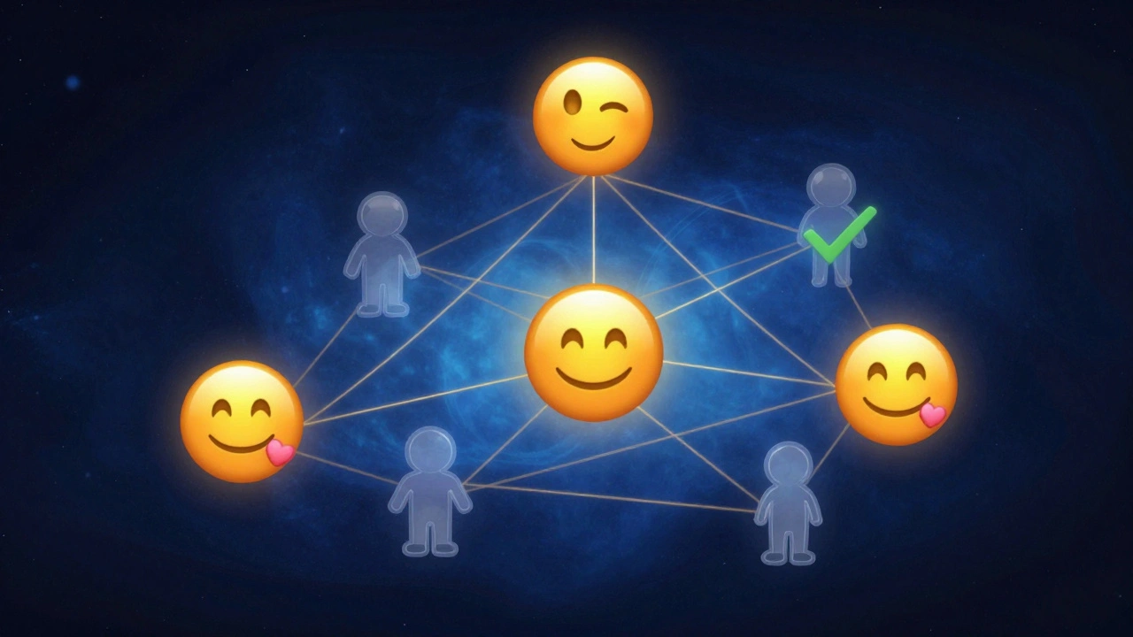 Концептуальное изображение: синий фон, эмодзи и стикеры соединены золотыми нитями, символизируя визуальную идентичность.