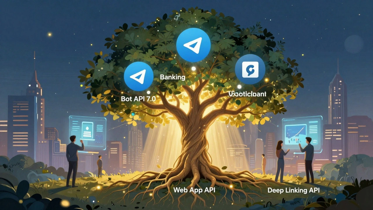 Концептуальное изображение Telegram как платформы с тремя API, ветвями которых являются банковские, медицинские и торговые сервисы.