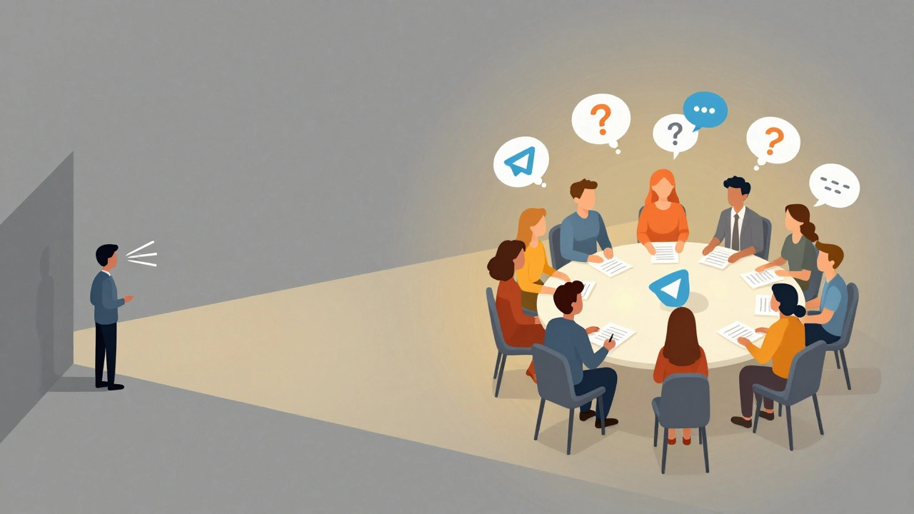 Контраст между односторонней трансляцией и живым обсуждением в Telegram.