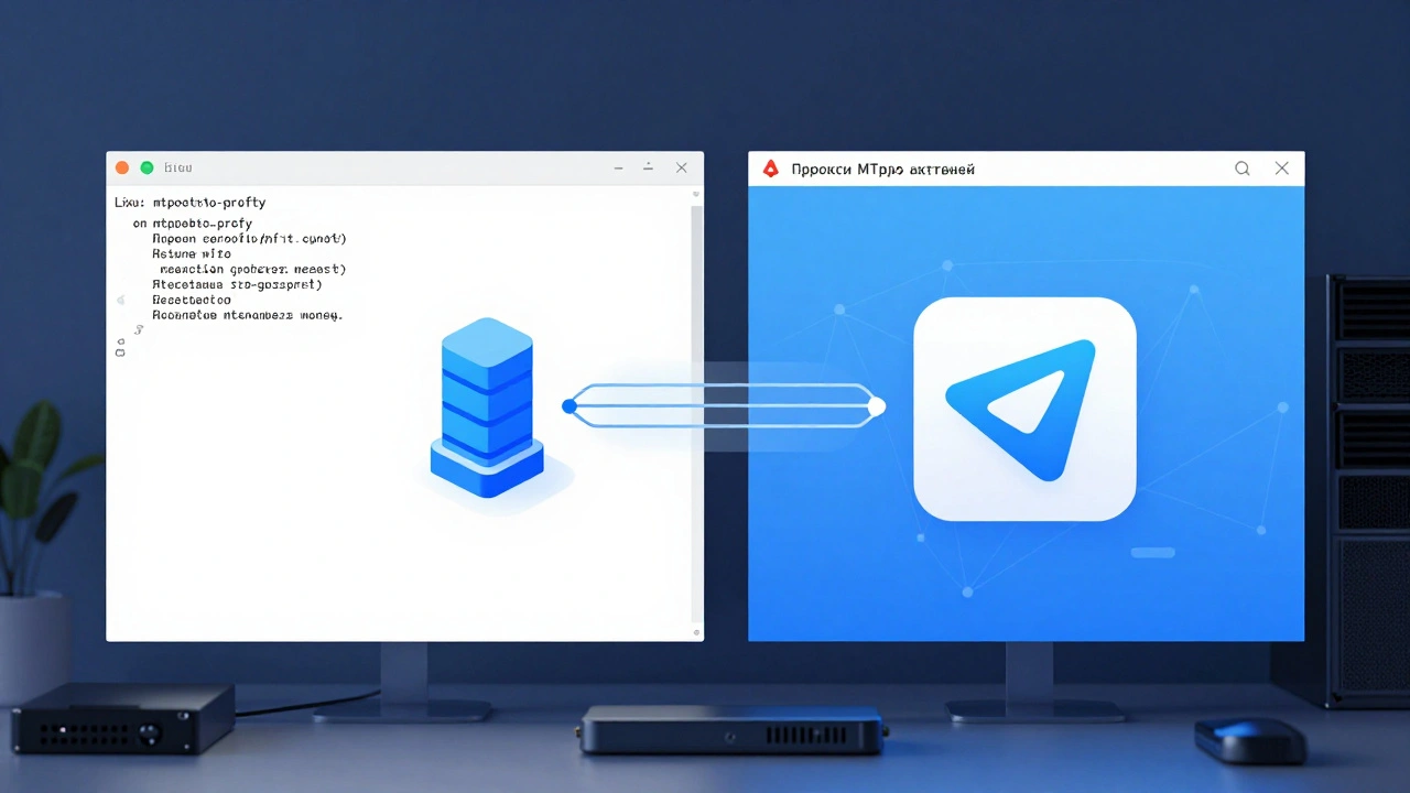 Linux-терминал и Telegram Desktop с успешным подключением через MTProto-прокси.