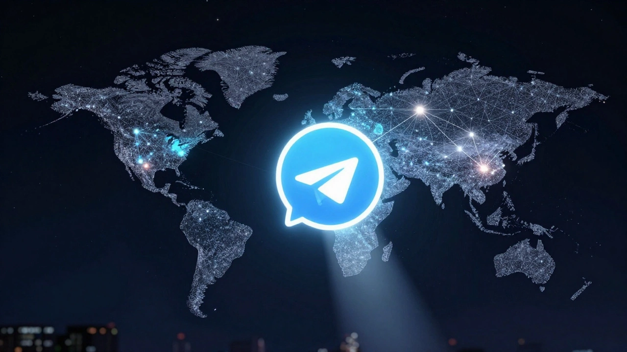 Логотип Telegram соединяет тысячи точек-участников, символизируя глобальную связь через интернет.