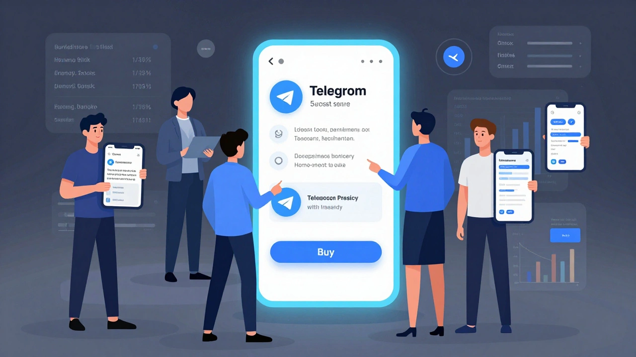 Люди взаимодействуют с интерфейсом Telegram, где показаны серия постов, кнопка покупки и пересылки контента.