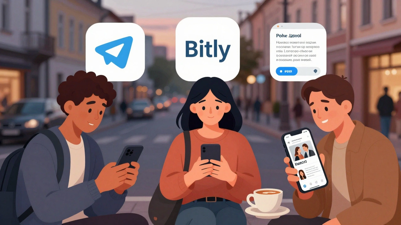 Люди взаимодействуют с Telegram-каналом на телефонах и за кофе в уютной обстановке.