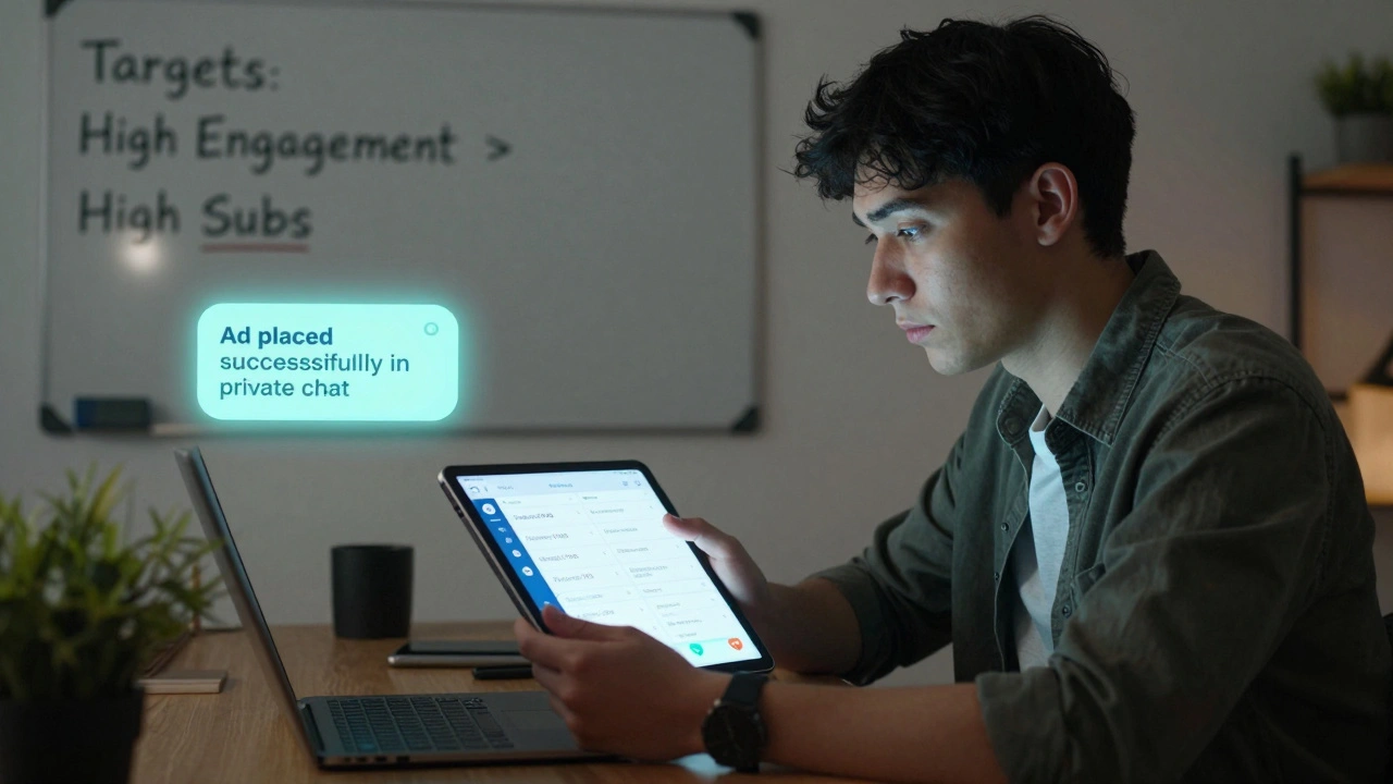 Маркетолог анализирует данные Telegram Analytics на планшете, на фоне — уведомление об успешной рекламе в личном чате.