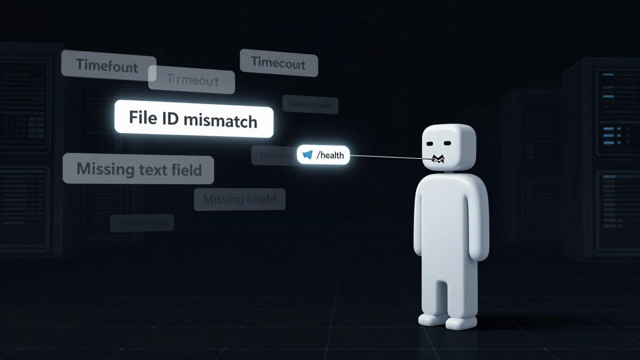 Молчаливый бот в цифровом пространстве, вокруг него плавают ошибки, к нему тянется световая нить от команды /health.