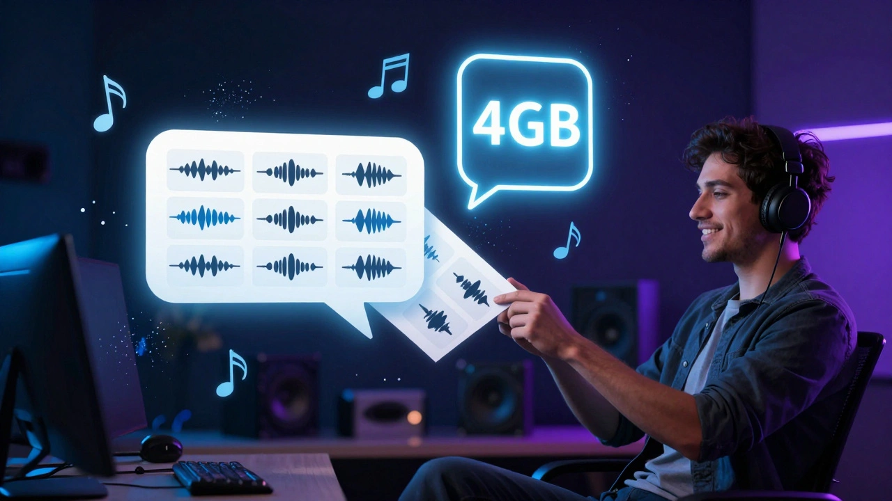 Музыкант загружает десять аудиодорожек в один чат с визуализацией лимита в 4 ГБ.