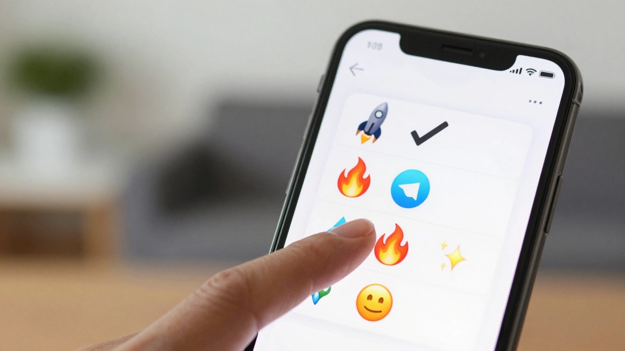 На экране телефона пользователь добавляет эмодзи 🔥 в настроенные реакции Telegram.