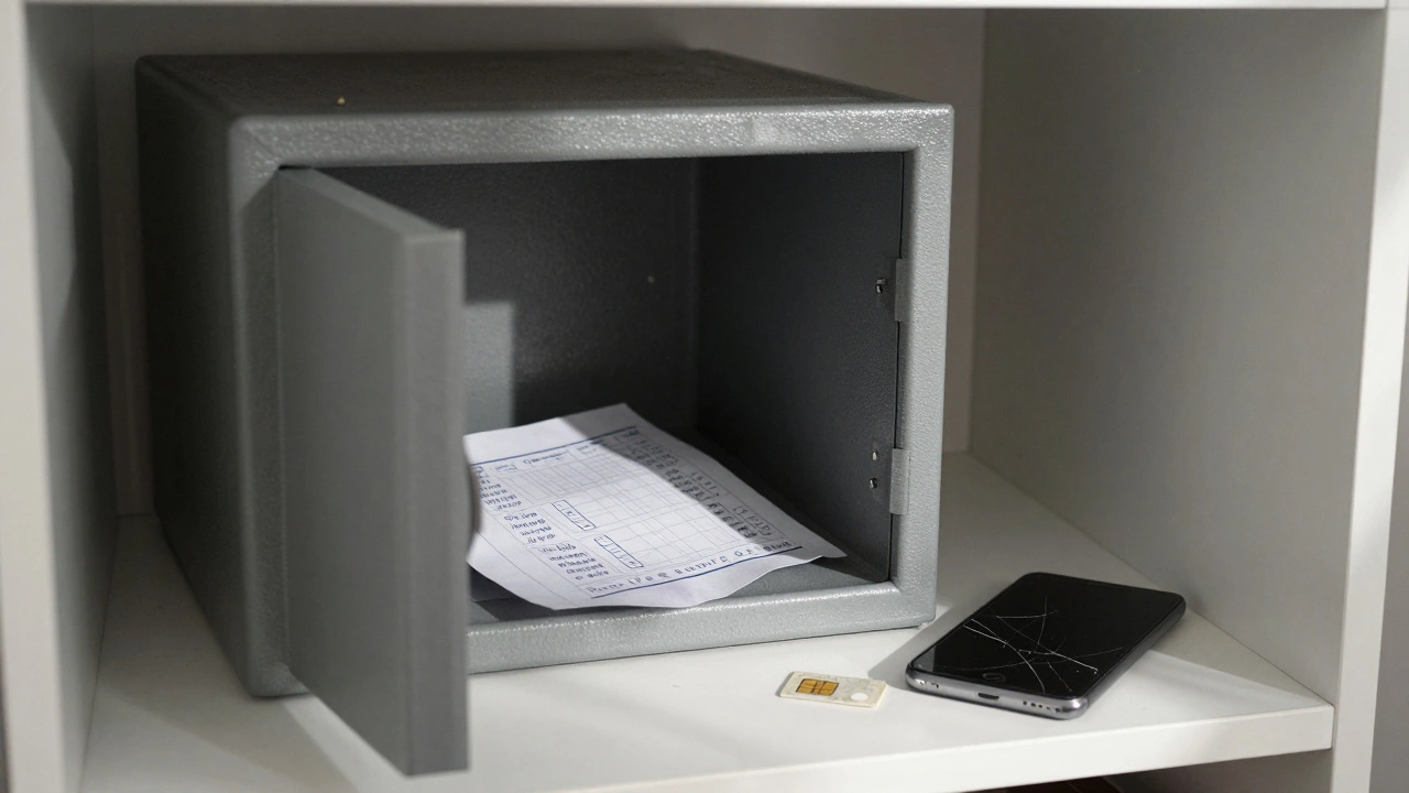 Открытый сейф с бумажными кодами восстановления рядом с сломанным телефоном.