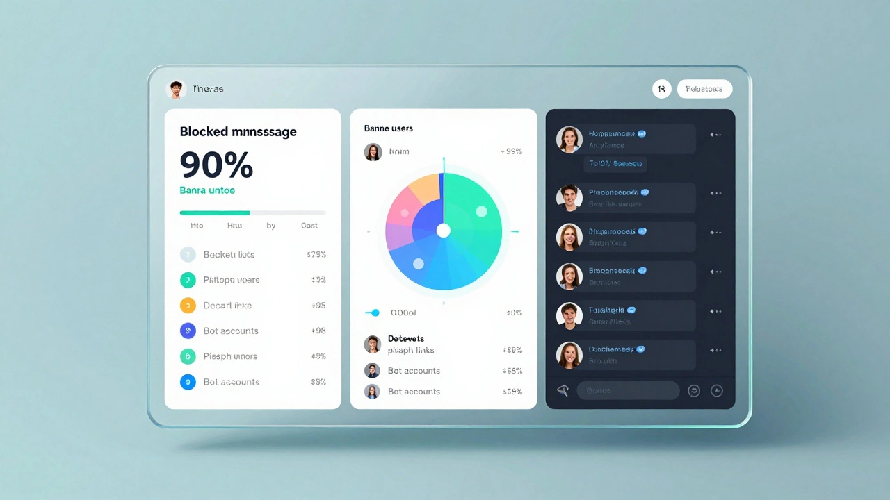 Панель аналитики модерации: статистика блокировок, тепловая карта спамеров и чистый чат с участниками.