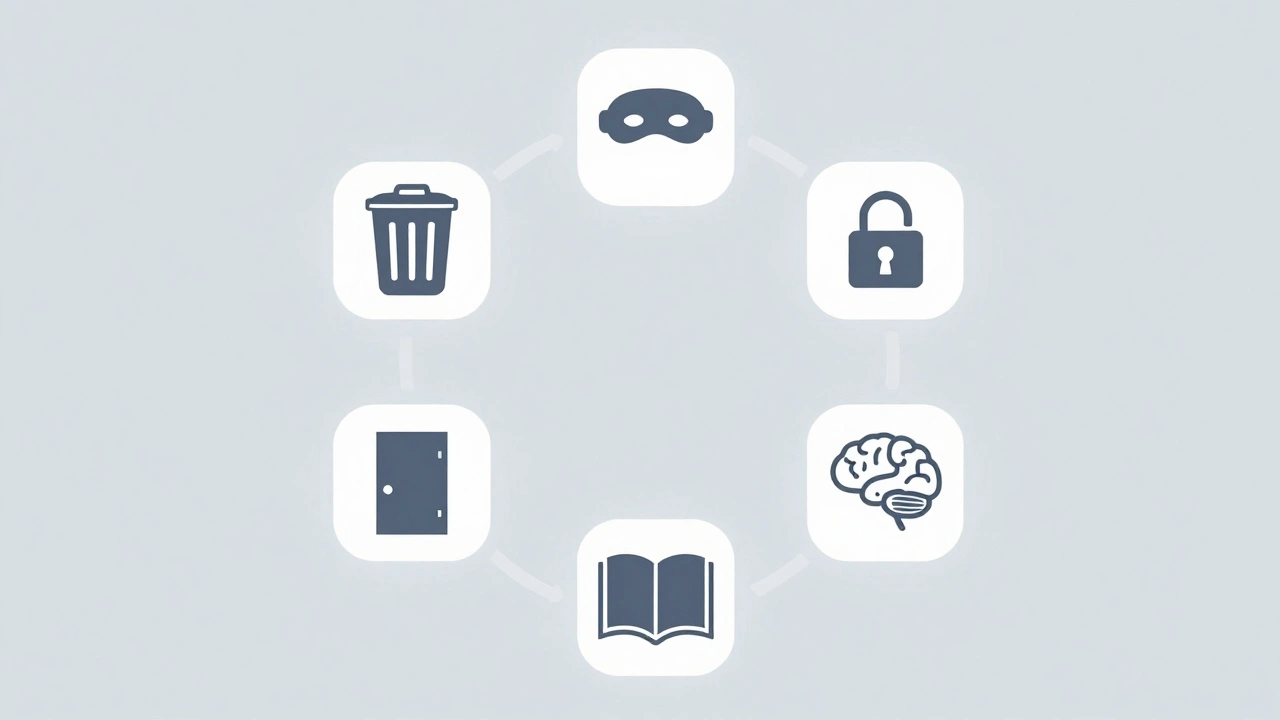 Пять иконок правил законной модерации Telegram: удаление, анонимность, отказ от анализа, защита данных и прозрачность.