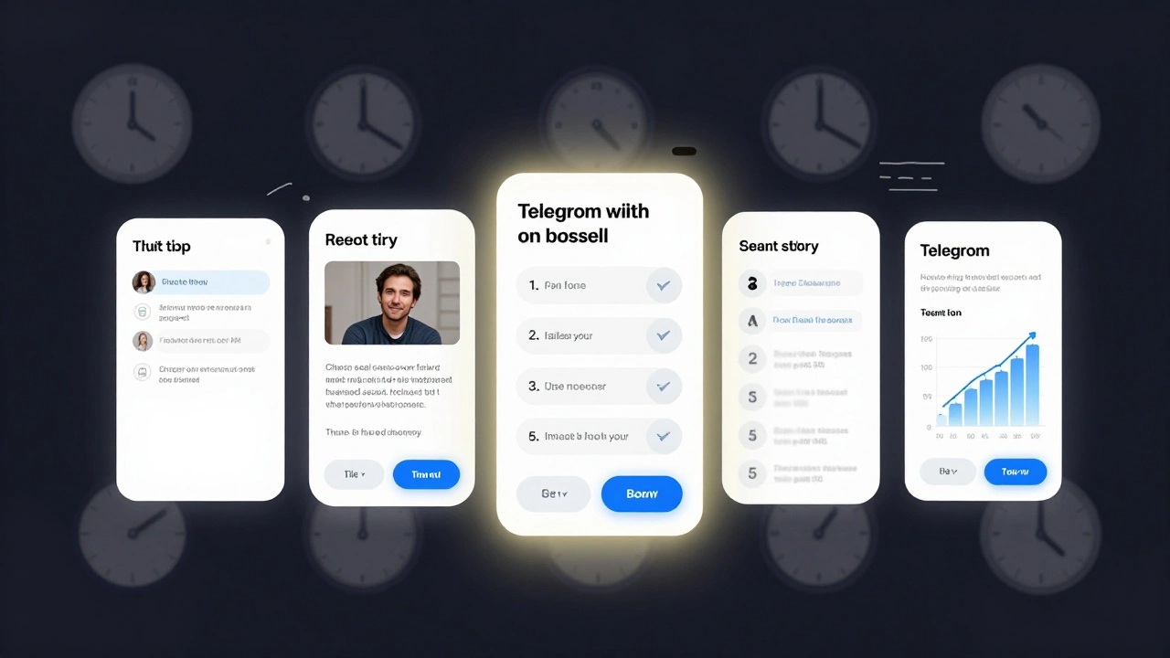 Пять каналов Telegram с разными форматами контента: списки, истории, опросы — один выделяется как самый успешный.