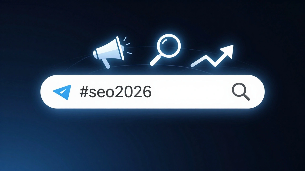 Поиск в Telegram по хэштегу #seo2026 с иконками упоминаний и роста