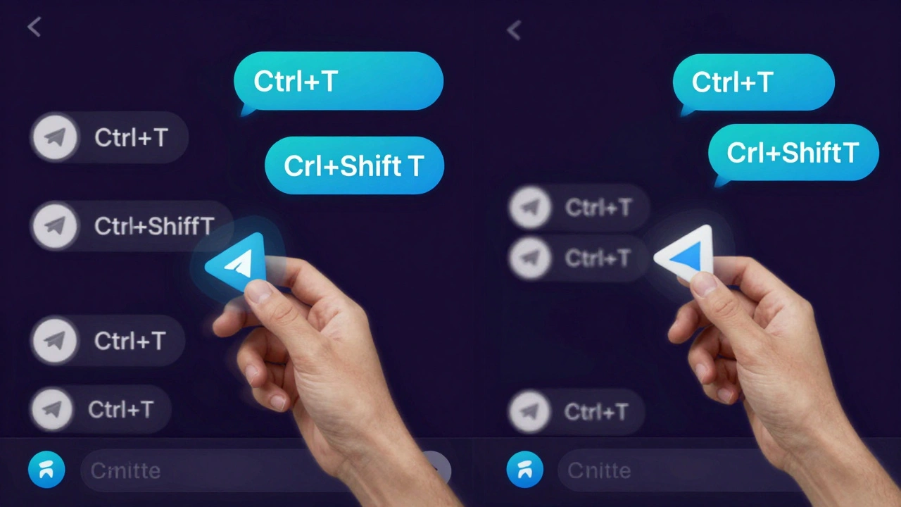 Пользователь переключается между чатами в Telegram с помощью клавиш Ctrl+T и Ctrl+Shift+T.