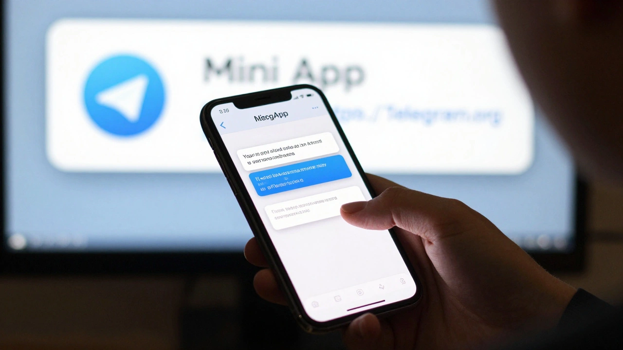 Пользователь проверяет разрешения Mini App в Telegram, обращает внимание на официальный значок и безопасный URL.