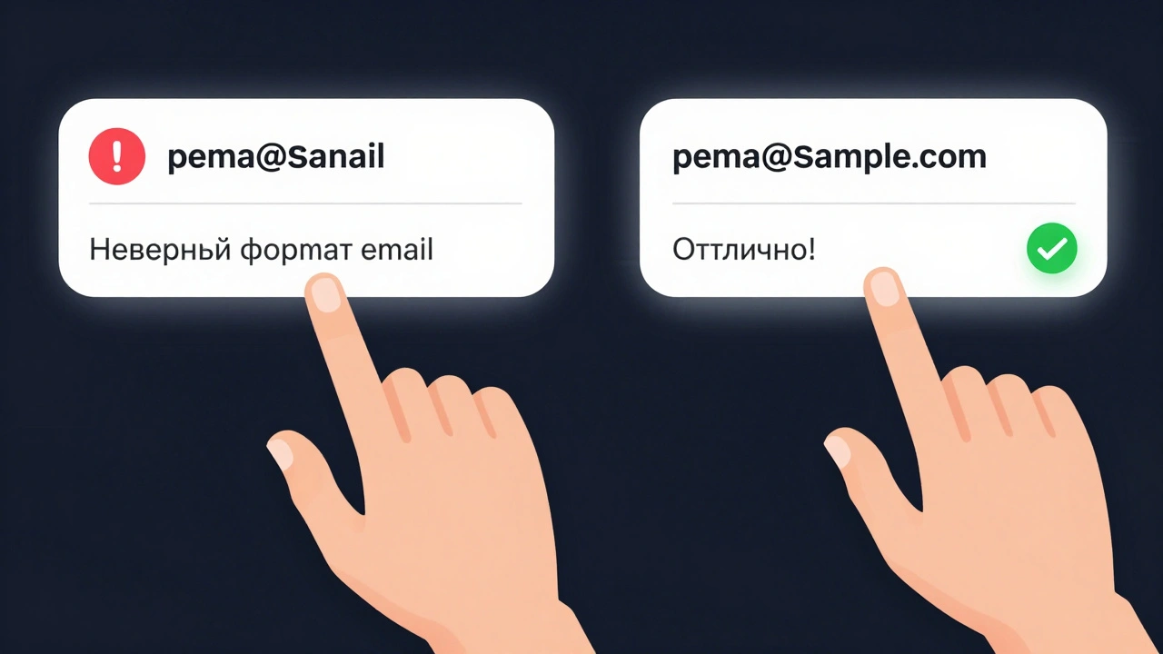 Пользователь вводит email в Telegram: ошибка и корректный формат с подсказкой