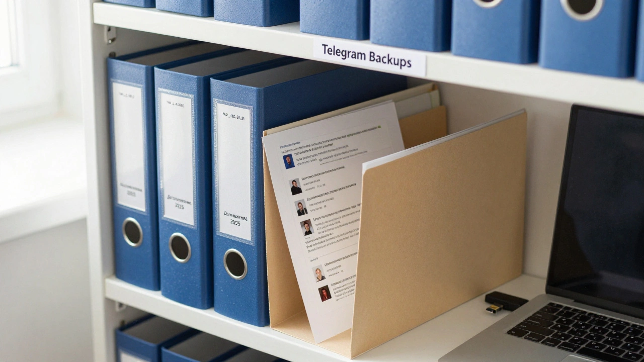 Полка с архивными папками Telegram, открытая папка с распечатанным чатом и флешкой, символизирующая долгосрочное хранение переписки.