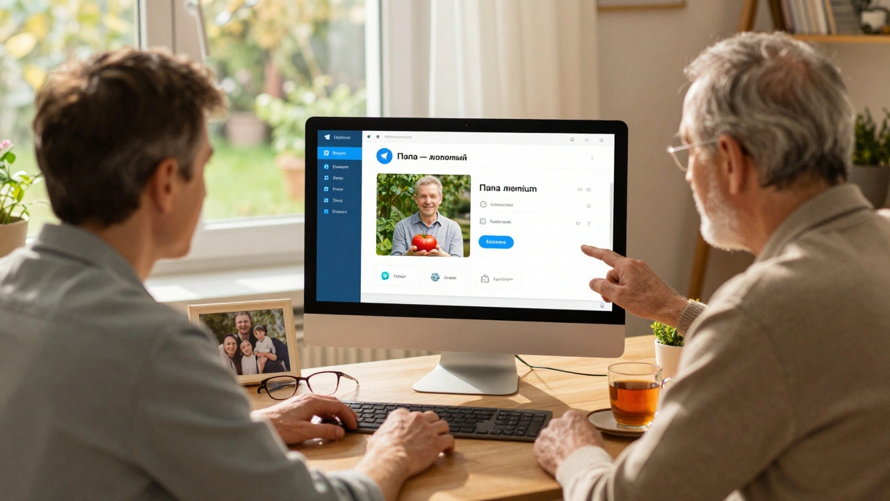 Пожилой мужчина у компьютера с профилем Telegram, названным 'Папа — любимый'.