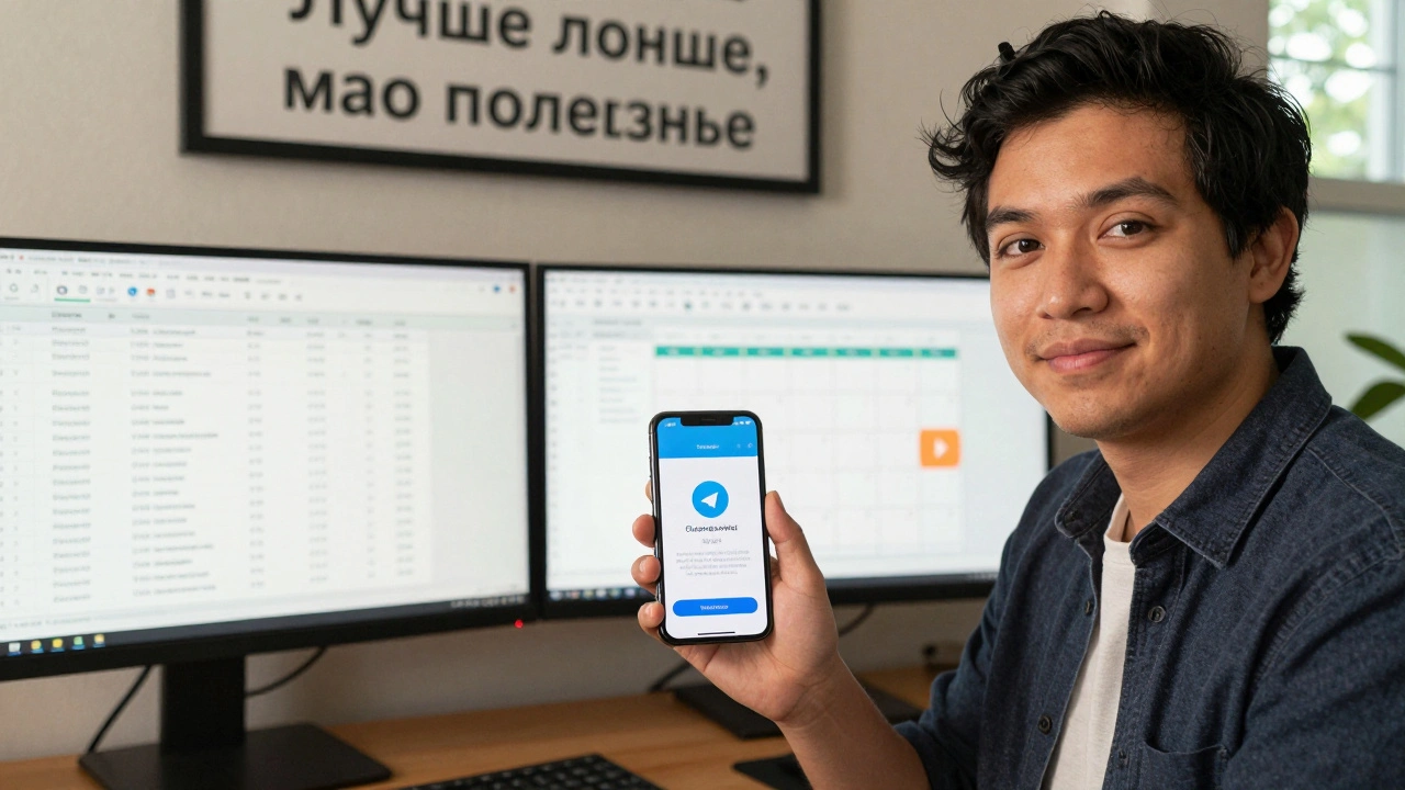 Предприниматель в Остине с телефоном, показывающим легальный Telegram-бот с кнопкой отписки.