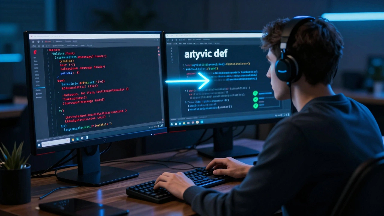 Программист сравнивает старый и новый код Telegram-бота на двух экранах.