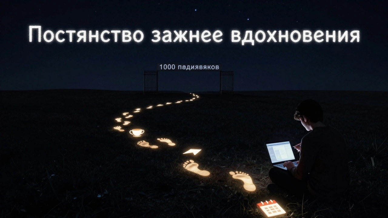 Путь из одиночества к 1000 подписчикам, отмеченный символами постоянства и связи.