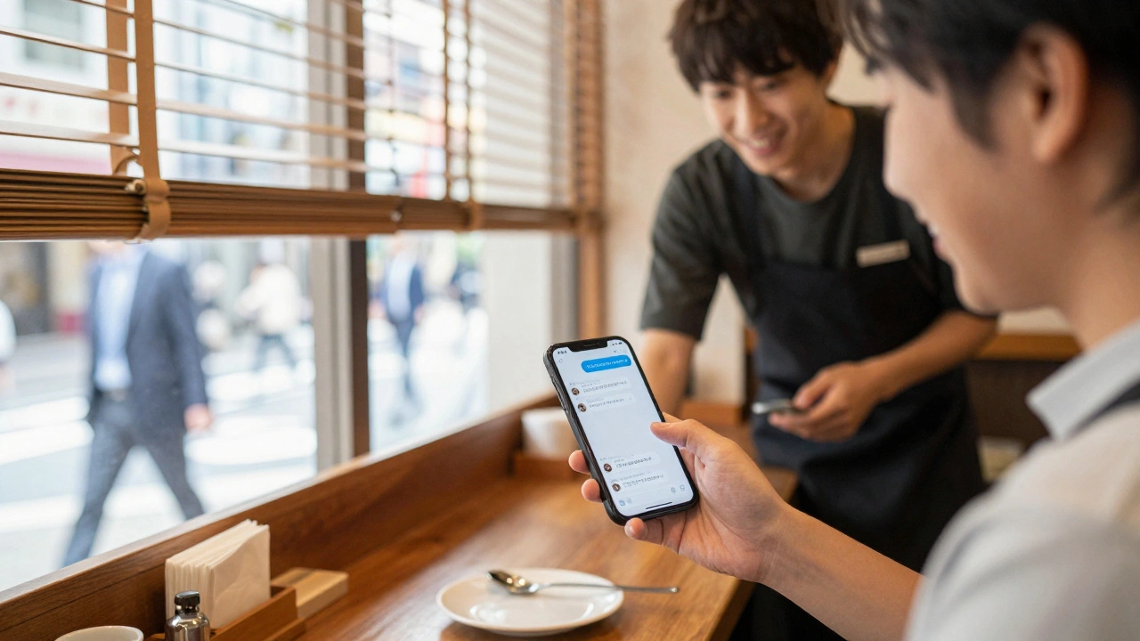 Путешественник в токийском кафе получает перевод голосового сообщения на английском языке.
