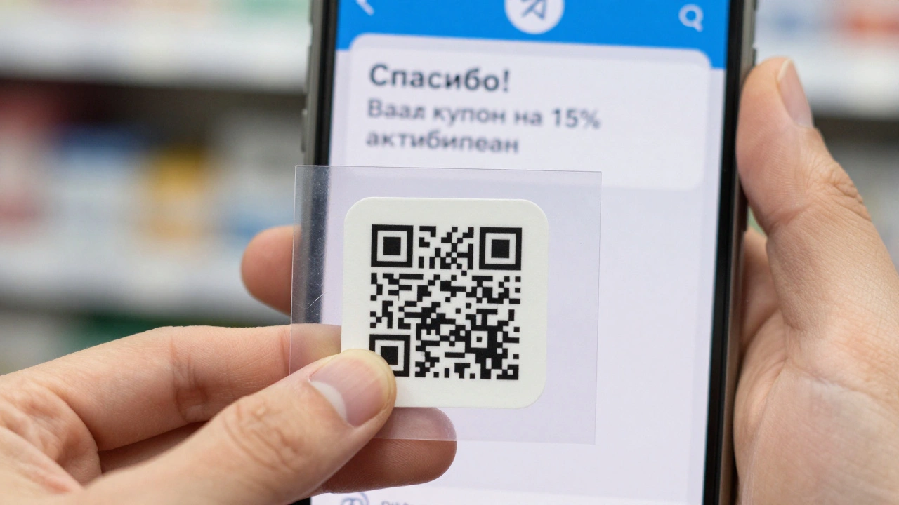 QR-код на упаковке товара, на фоне экрана телефона с сообщением от бота Telegram.