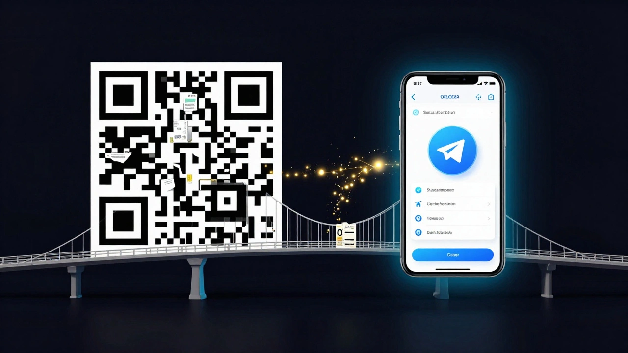 QR-код в виде моста, соединяющего офлайн-объекты с цифровым интерфейсом Telegram.