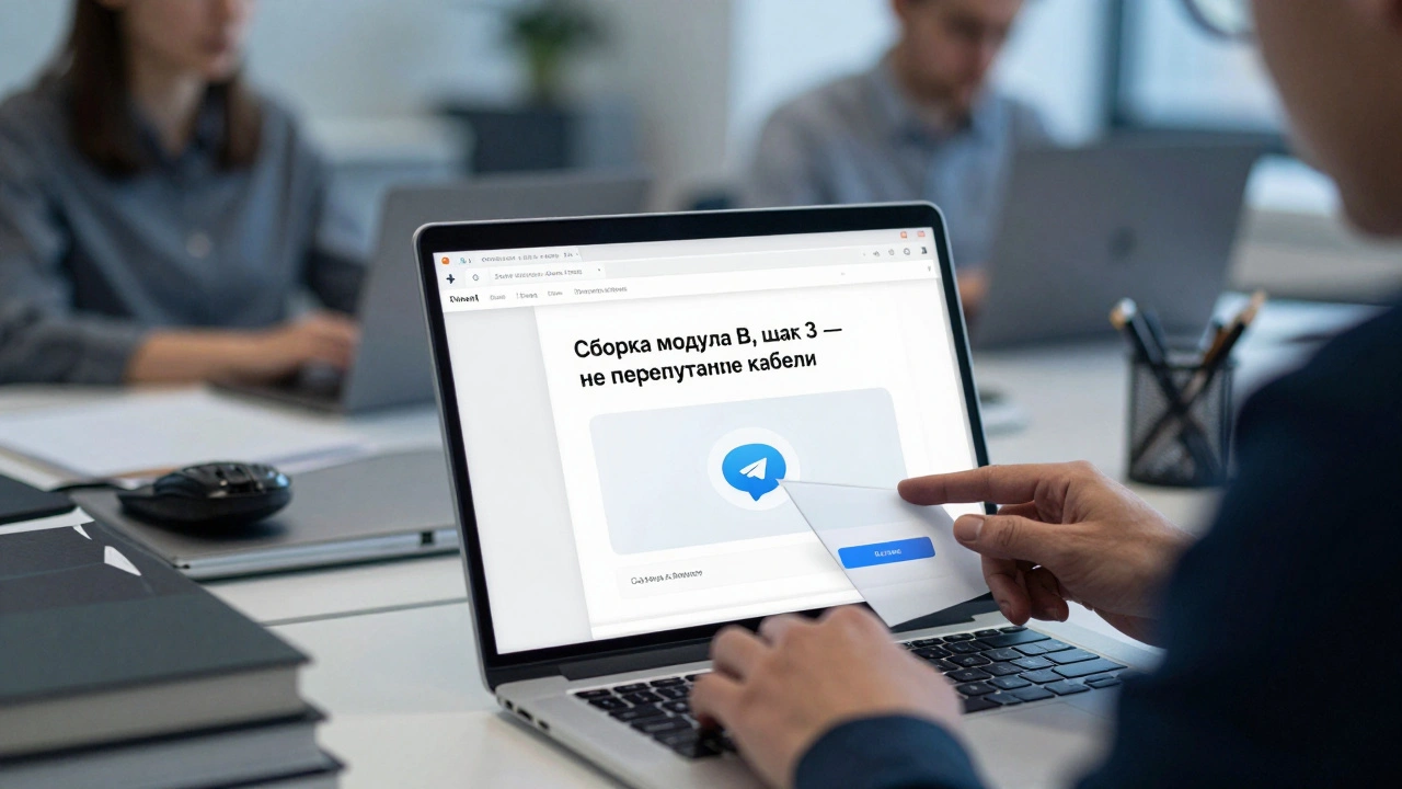 Рабочий отправляет PDF с подписью о сборке модуля в Telegram на экране ноутбука.