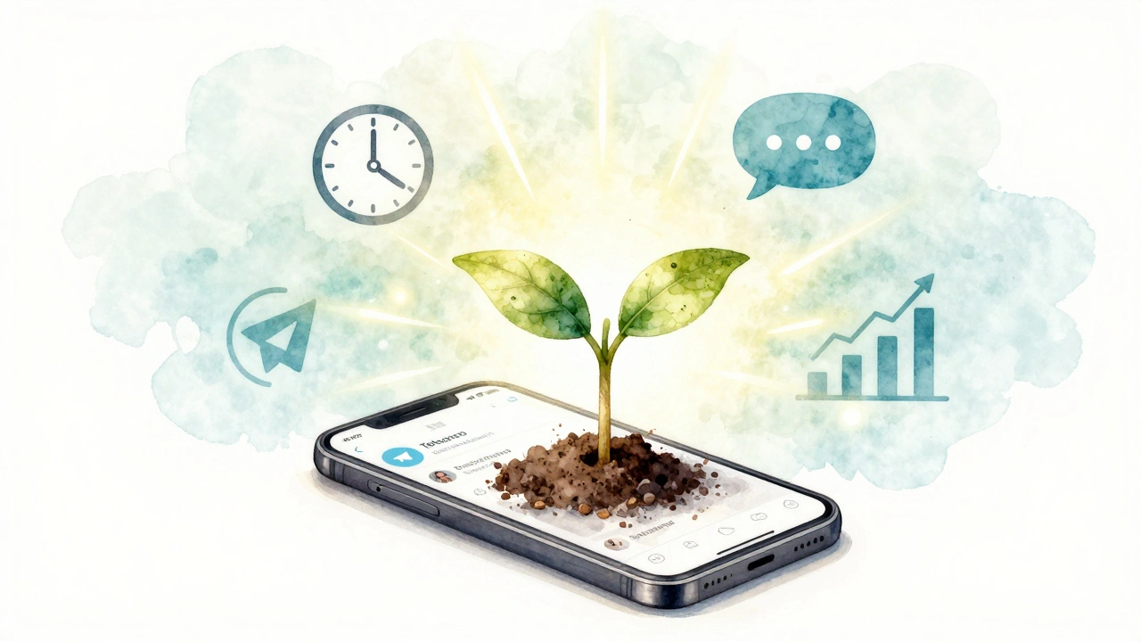 Растение растёт из телефона с Telegram-каналом, символизируя медленный, но стабильный рост.