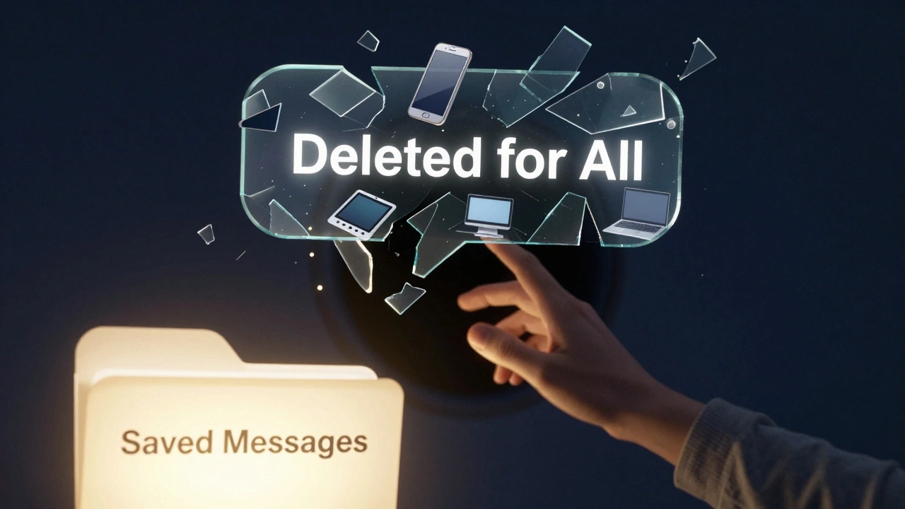 Разбитое сообщение в виде стекла, отражающее устройства, с теплым светом папки 'Сохраненные сообщения' на переднем плане.