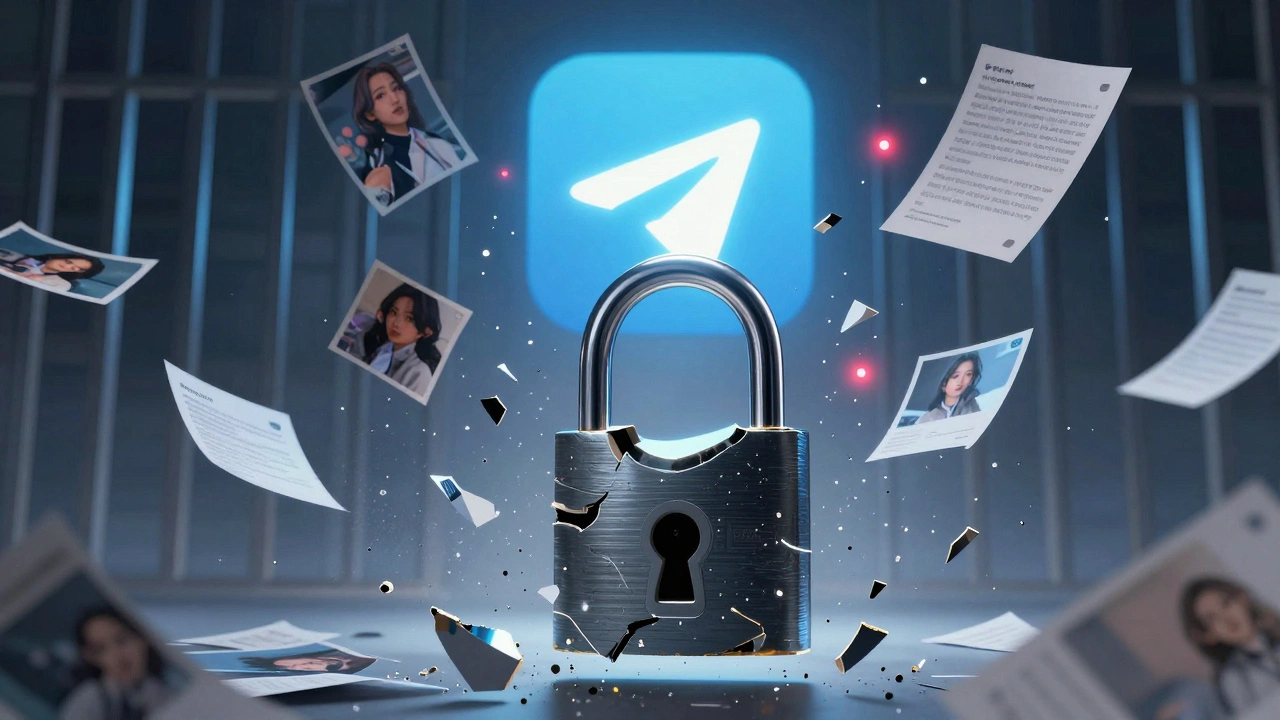 Разбитый цифровой замок, из которого рассыпаются фото и аудиофайлы, в окружении шифрованных барьеров.