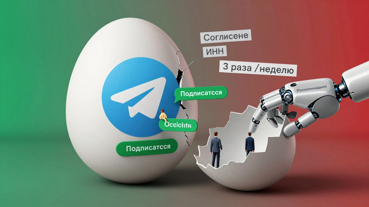 Разбитый логотип Telegram с подписчиками, которые подписываются или отписываются, под наблюдением регулятора.