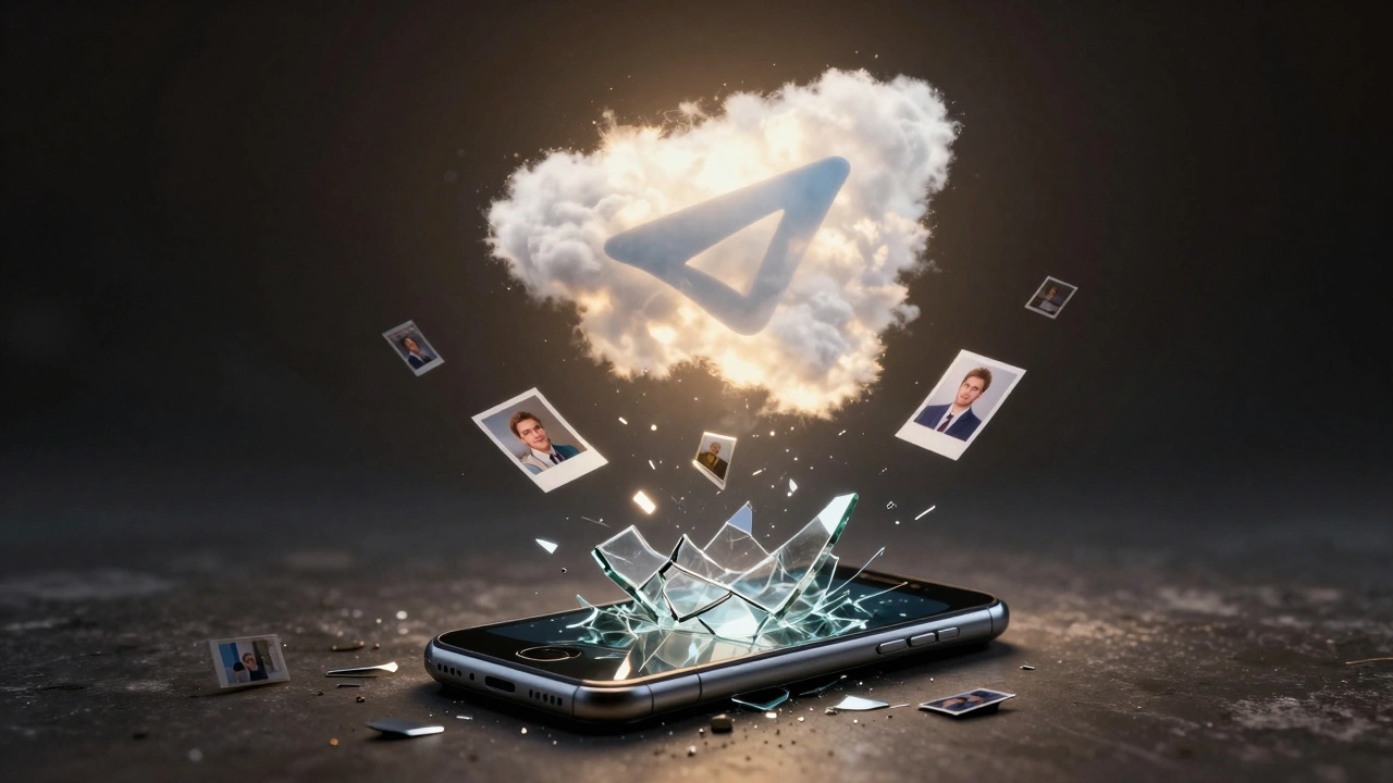 Разбитый телефон, из которого поднимаются в облако целые фотографии и видео — символ спасения данных.