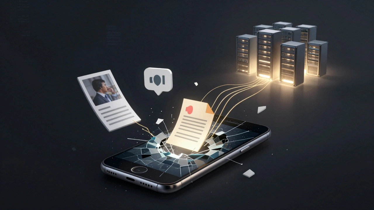 Разбитый телефон с плавающими файлами, соединенными золотыми нитями с облаком серверов.