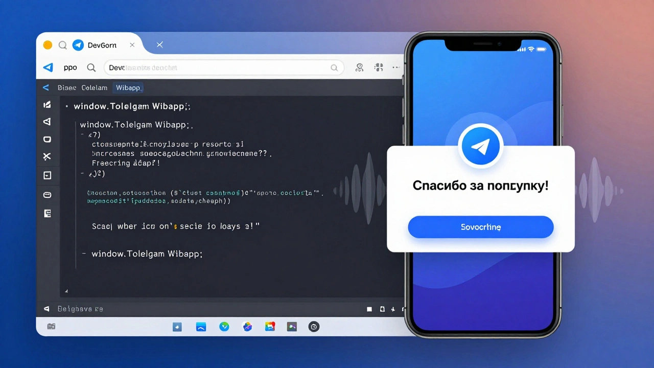 Разделенный экран: десктоп с DevTools и смартфон с всплывающим уведомлением об оплате