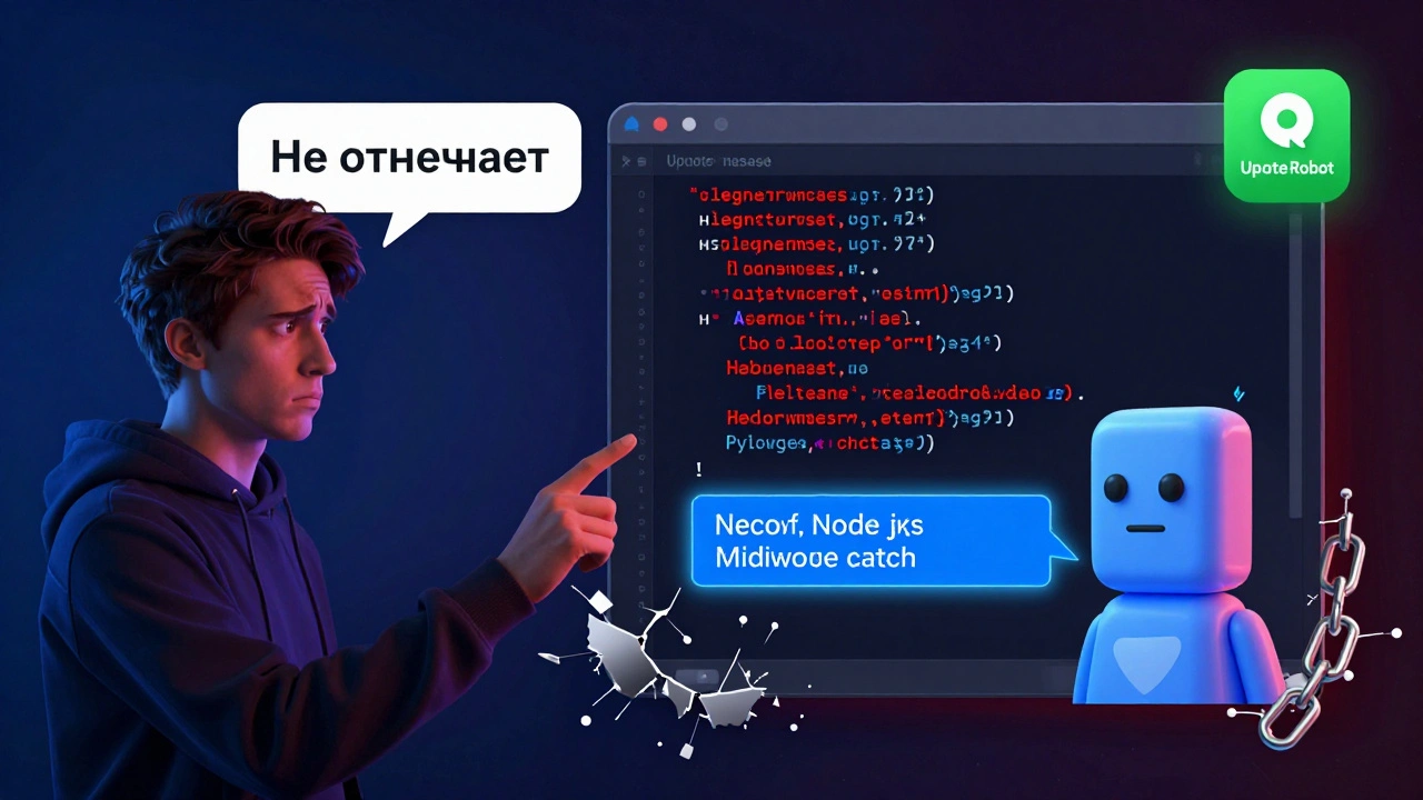 Разделенный экран: пользователь получает ошибку слева, а справа — сбой бота с логами и индикатором мониторинга.