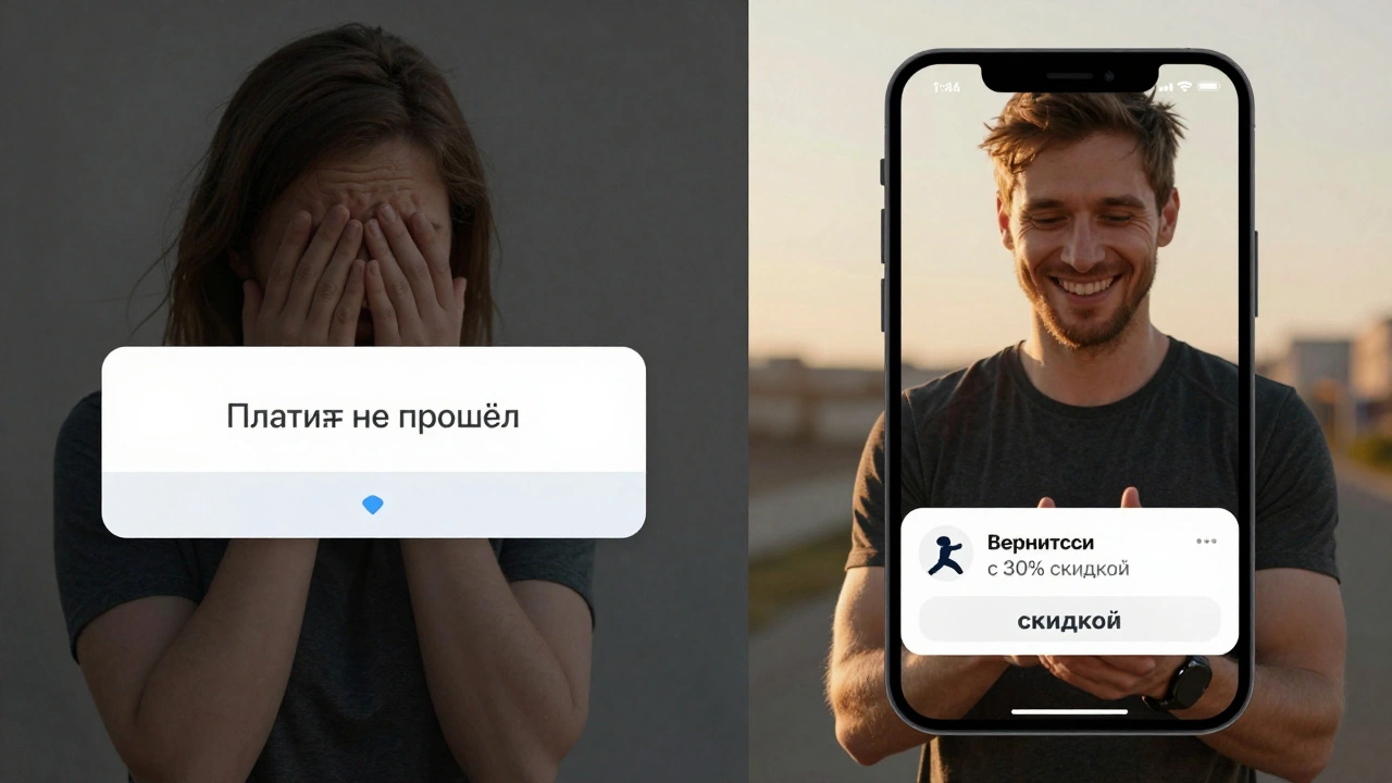 Разделённый экран: пользователь сначала расстроен из-за неудачной оплаты, потом улыбается, получив персональное видео с предложением скидки.