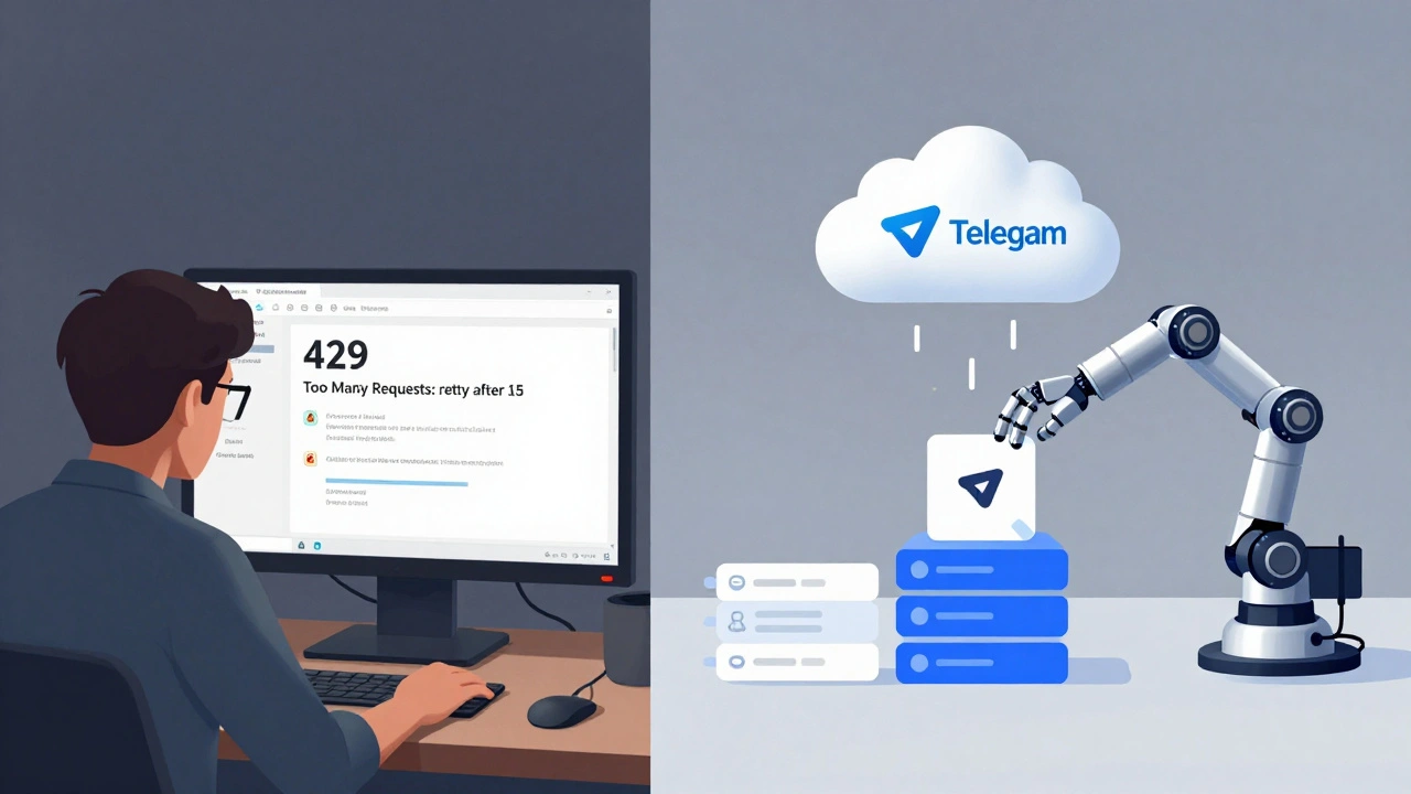 Разделённый экран: разработчик видит ошибку 429 слева, а справа — автоматизированная система отправки сообщений.
