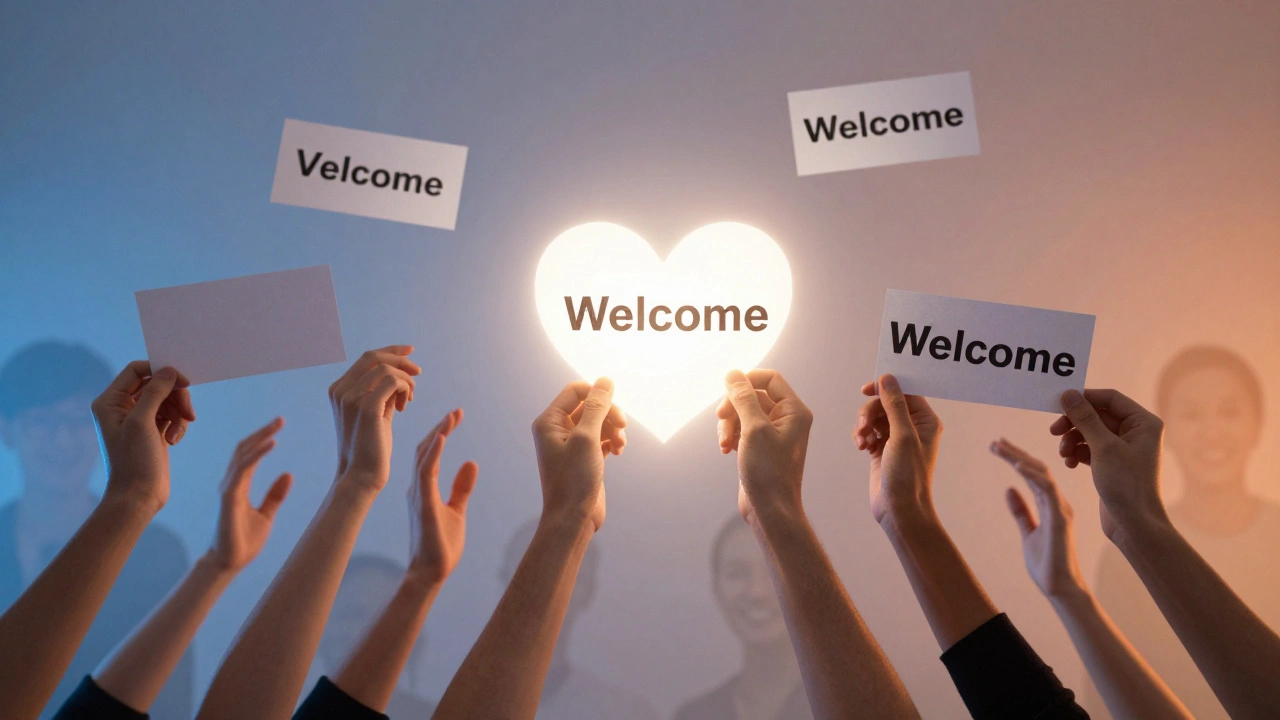 Разнообразные руки тянутся к светящемуся сердцу, держа в руках разные шаблоны приветствий в Telegram.