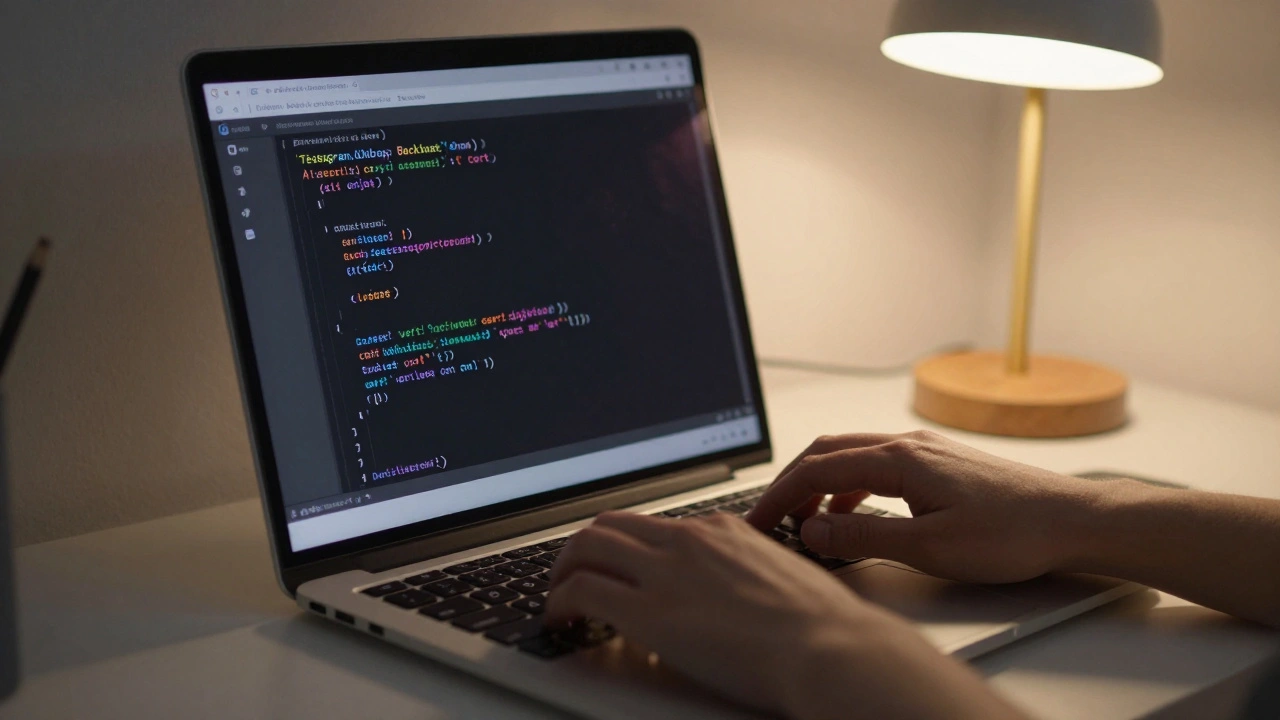 Разработчик пишет код для обработки кнопки назад в Telegram Mini App на экране ноутбука, видны функции show() и onClick().