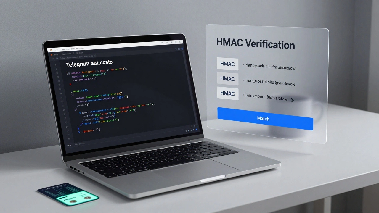 Разработчик проверяет код аутентификации Telegram с ключом бота на столе