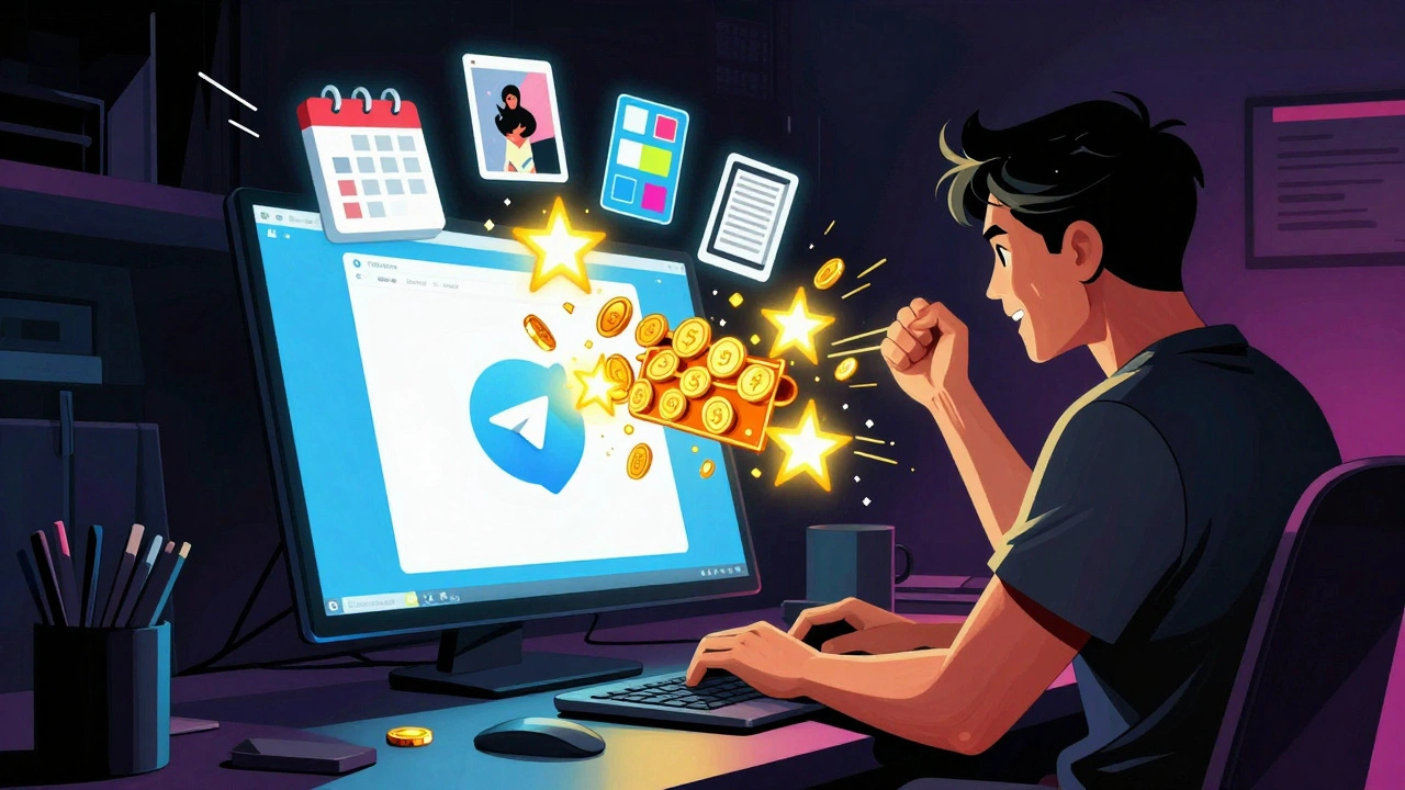 Разработчик за компьютером, из интерфейса Telegram текут золотые звёзды в кошелёк, символизируя доход от цифровых продуктов.