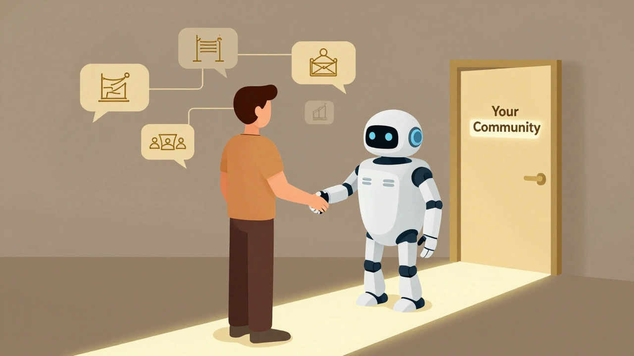 Робот-бот дружески пожимает руку человеку, вокруг — символы разных тем групп: фитнес, психология, бизнес.