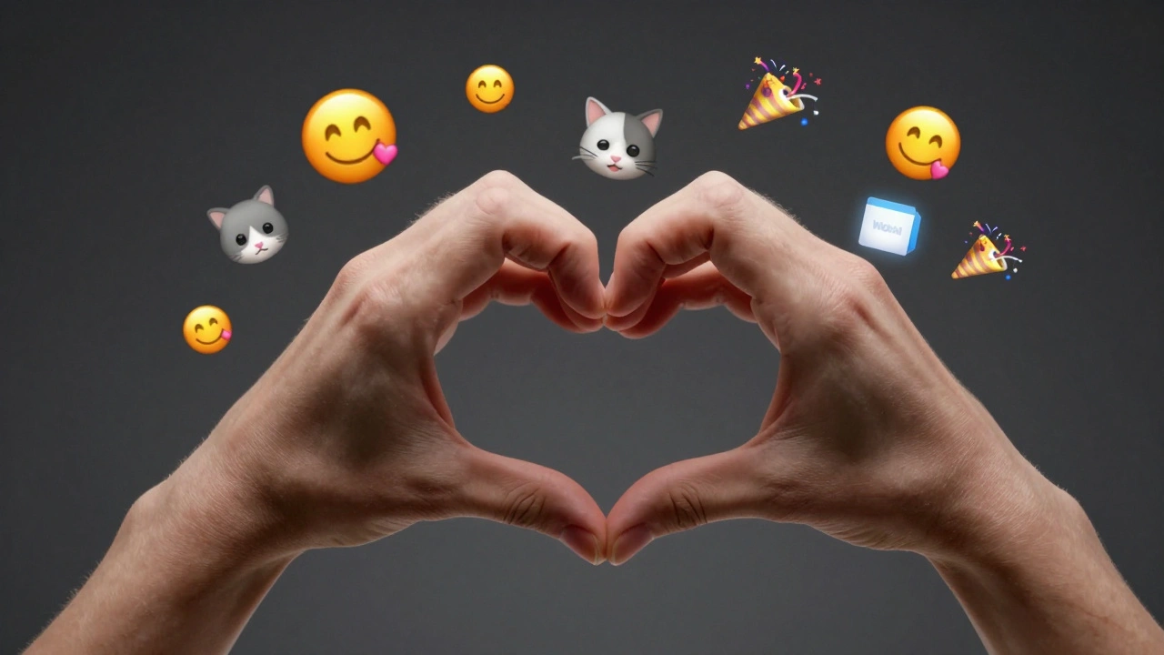 Рука делает жест сердечка на прозрачном фоне, рядом плавают эмодзи 😊🐱🎉.