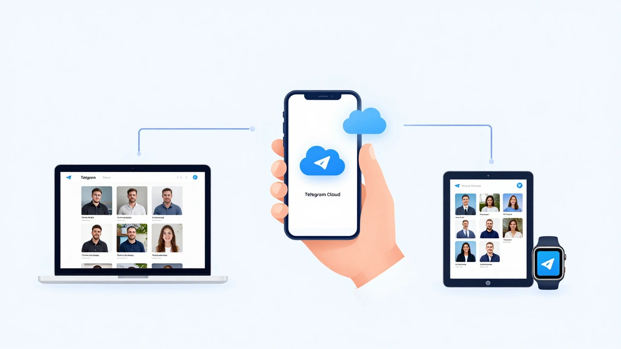 Рука держит смартфон, из которого исходят линии к другим устройствам, показывающим синхронизированные фото в облаке.